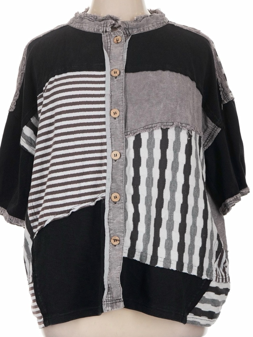 Patchwork Button-Front Short Sleeve Top in Black, Gray, White